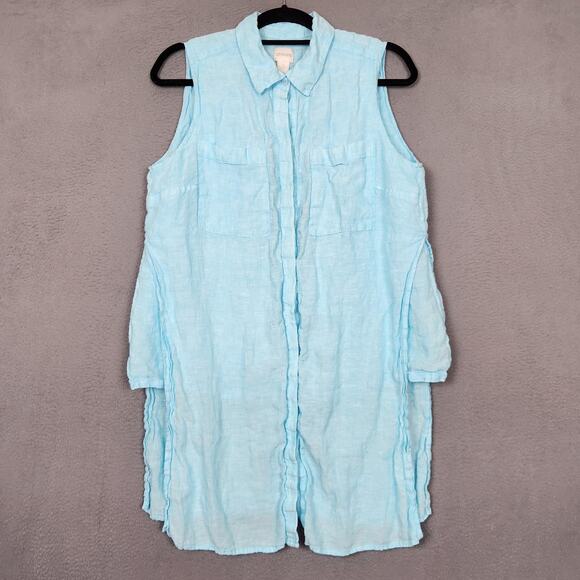 Chico's Linen Shirt Womens Large Size 2 Blue Sleeveless Button Front Tunic Lined - Picture 1 of 12